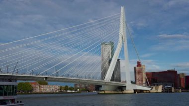 ROTTERDAM, NETHERLANDS - 13 Eylül 2025 - Erasmus Köprüsü nehir boyunca uzanır ve Rotterdam ufku görülür