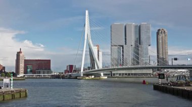 ROTTERDAM, NETHERLANDS - 13 Eylül 2025 - Erasmus Köprüsü Rotterdam 'da yükselen modern gökdelenlerle nehri kapsar