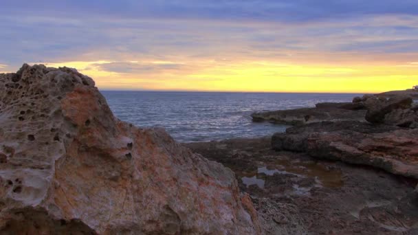 Rocky beach at the Mediterranean sea in the evening — Stock Video