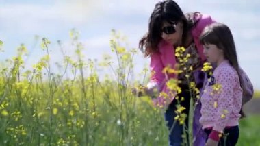 Anne ve kızı sarı çiçekler keşfetmek