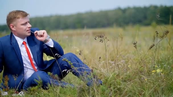 A young man resting on the meadow - wedding — Stock Video