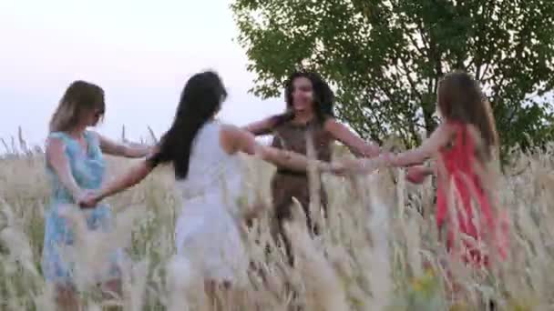 Hermosa chica bailando en un campo - picos en el atardecer — Vídeos de Stock