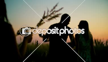 güzel kızlar ve erkekler sivri günbatımında alanında - yürüme