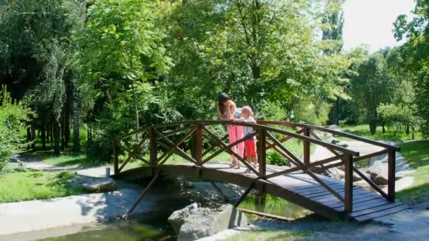 Moeder en dochter praten op de brug in het park — Stockvideo