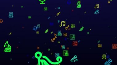 Dünya Müzik Günü. Neon simgeleri arkaplanı. Kusursuz desen. döngü animasyonu. Küçük, çok renkli simgeler, illüstrasyonlar veya logolar görünür, siyah arkaplanda yavaşça uçar.