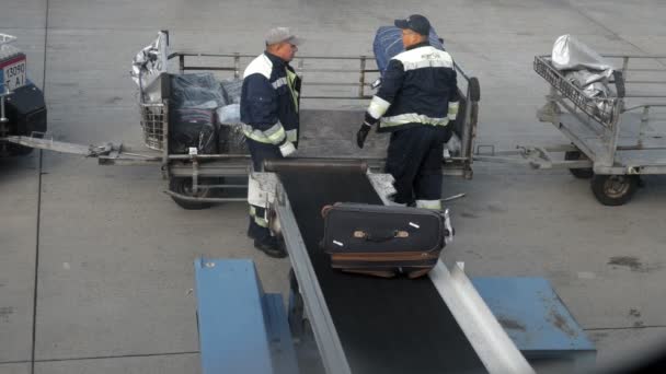 BORISPOL, UKRAJINA, 30. října 2020: zaměstnanci letiště vyloží zavazadla, kufry, zavazadla cestujících ze zavazadlového prostoru letadla. Pohled z osvětlovače, okno letadla. příchod — Stock video