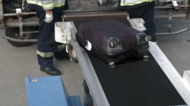 Сотрудники аэропорта выгружают чемоданы, пассажирский багаж из конвейерной ленты багажного отделения самолета. крупным планом. прибытие самолета. в аэропорту. — стоковое видео