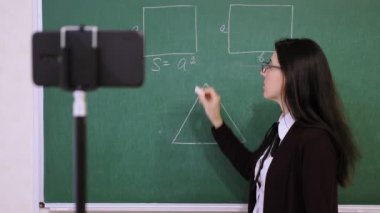 Çevrimiçi eğitim, e-öğrenme. Bayan öğretmen online ders veriyor, uzaktan, akıllı telefon webcam 'i kullanarak. Okul sınıfından öğrenciler için canlı yayın. uzaktan eğitim, koronavirüs sırasında öğrenme