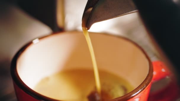 Professionell kaffebryggning. Närbild. Gör en kopp starkt kaffe i kaffemaskinen. espresso häller från professionell kaffebryggare med bottenlöst filter i en kopp. — Stockvideo