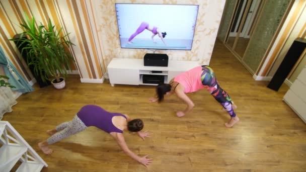 Fitness at home. Young woman and teenage girl, in sportswears, watching tutorial video with fitness coach on TV and practicing exercises at home. Online workout, remotely. — Stock Video