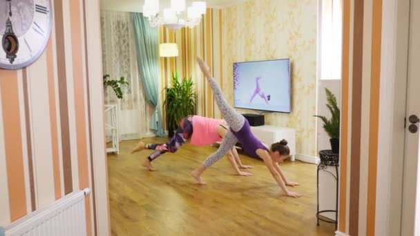 Fitness at home. Young woman and teenage girl, in sportswears, watching tutorial video with fitness coach on TV and practicing exercises at home. Online workout, remotely. — Stock Video