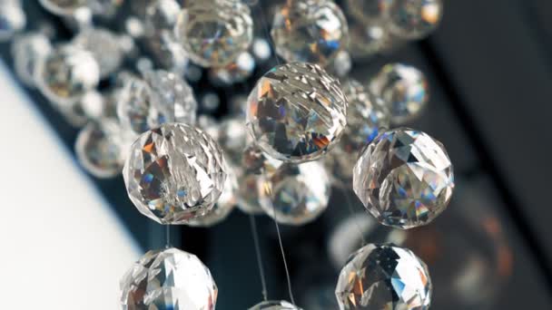 Crystal Chandelier. sparkling crystals. contemporary crystal decoration. close-up. Hanging crystal balls, Vintage crystal lamp details. diamonds, precious stones. lighting. — Stock Video