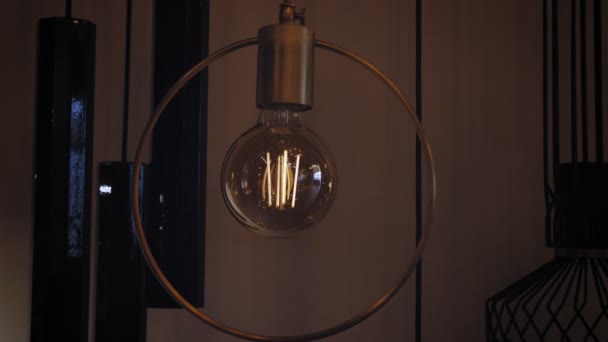 Släck lampan, ljuskronan. närbild. Glödlampa med Edisons glödtråd. glödlampa. vintage stil lampa glödlampa med Edison glödtråden är avstängd och på. — Stockvideo