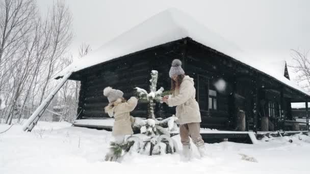 クリスマスツリー屋外装飾。かわいい、かなり小さな女の子は、古い木造の家の近くの森の中で、雪の中で、手作りの氷のおもちゃで雪で覆われた小さなクリスマスツリーを飾る。雪の上の幸せな時間 — ストック動画