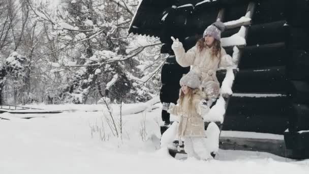 Winter portrait. cutie, pretty little girls, dressed in warm winter clothes, fully covered with snowflakes, having fun outdoors, near old wooden house. happy time on snowy winter day. — Stock Video