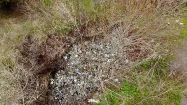 Ormandaki çöplük. Ekolojik bir sorun. Bahar ormanının ortasında yasadışı çöplük. Havadan görünüşlü. Bir yığın plastik torba, yiyecek atıkları, çöpler, açık havaya atılmış. Çevre kirliliği