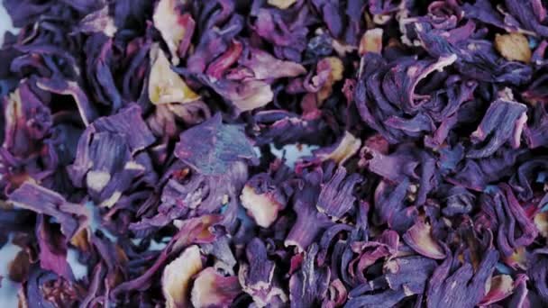 Teh kembang sepatu, karkade. close-up. makanan berputar. Teh besar, kering, hibiscus bunga merah. Latar belakang teh herbal. — Stok Video