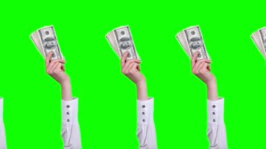 Para, nakit. Hediye animasyonu. Yakın plan. Kadın eli, beyaz bluzlar içinde, 100 dolarlık banknotları tutun, sallayın. Yeşil arka planda izole edilmiş. Kusursuz döngü. canlandırma