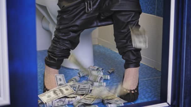 Geld, Geld. Nahaufnahme. Frau, mit heruntergelassener Hose, in High Heels, sitzt auf der Toilette und wirft jede Menge Dollarscheine, Bargeld — Stockvideo