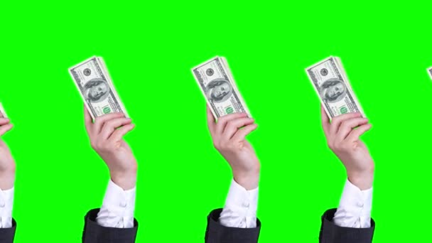 Деньги, наличные. Гиф-анимация. крупным планом. Мужские руки, в деловых костюмах, держат стодолларовые банкноты, машут ими. изолированный на зеленом фоне. петля бесшовный шаблон. анимация — стоковое видео