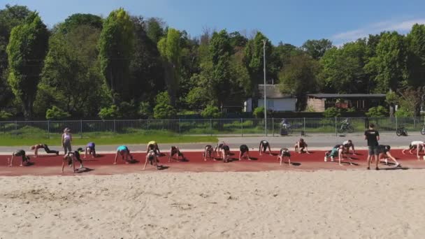 Grupowy trening fitness na zewnątrz. fitness na świeżym powietrzu. Duża grupa ludzi, ubrana w strój aktywny, ćwiczy, uprawia razem sport, na plaży lub w parku, na świeżym powietrzu. zdrowy tryb życia — Wideo stockowe