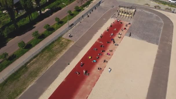 Treino de fitness em grupo ao ar livre. fitness ao ar livre. Vista aérea. Grande grupo de pessoas, vestindo activewear, está se exercitando, indo para esportes juntos, na praia, no campo de esportes, ao ar livre. saudável — Vídeo de Stock