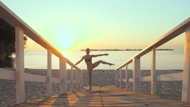 Barre. s'étirant à l'extérieur. plage de yoga. entraînement de ballet. Une jeune femme sportive fait des exercices à la plage au coucher du soleil ou au lever du soleil. Entraînement physique à l'extérieur. Fitness, ballet, sport, yoga et — Video