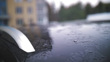 Arabadaki yağmur damlaları. Yağmur. Yağmur yağıyor. Yağmur damlaları damlıyor ve yavaşça damlıyor, yağmur sırasında modern siyah arabanın çatı yüzeyinden aşağı akıyor. yakın plan