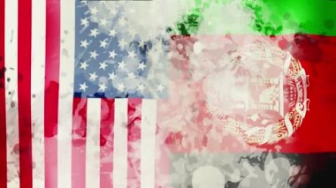 Amerikan bayrağı. Afganistan bayrağı. Taliban bayrağı. 3 boyutlu kusursuz döngü animasyonu. Afganistan savaşı. ABD ve Afganistan ilişkileri kavramı. Taliban saldırısı