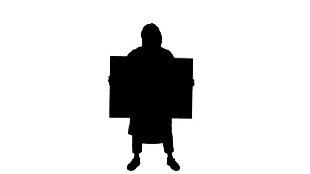 Tiltakozó. Fekete sziluett. világosan körvonalazott fekete sziluett férfi arab ruhák egy poszterrel a kezében, fehér háttérrel. A tiltakozások koncepciója a keleti országokban. — Stock videók