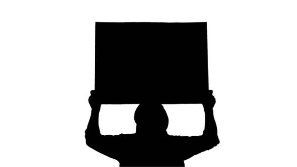 Protester. black silhouette. clearly outlined black silhouette of man in arabic clothes with poster in his hands, on white background. Concept of protests in East countries. — Stock Video