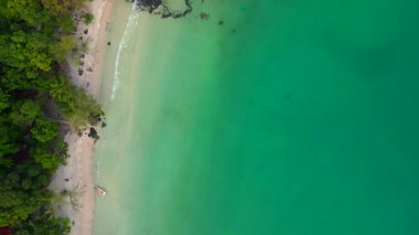 Koh Rong adasındaki tropik plajda turkuaz su ve yoğun yeşil orman bulunuyor. Üstten kumandalı hava aracı kameraları aşağıya bakıyor. 