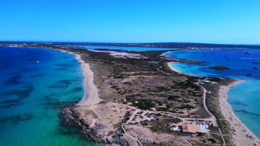 Açık turkuaz suyu ve mavi gökyüzünün altında demirli teknelerle dolu bir sahil şeridi. rotasyon pan 'dan sağ drona 
