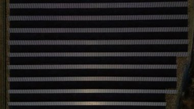 Havadan bakıldığında, sürdürülebilirlik ve çevre dostu güç için yeşil elektrik üreten büyük fotovoltaik güneş panelleri. dikey kuşların bakış açısı İHA kamerasını aşağıya doğru indiriyor