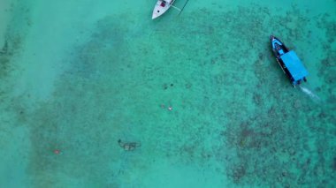 İnsanlar şnorkelle yüzmeyi, kaplumbağaların yanında yüzmeyi ve canlı mercan resiflerini berrak turkuaz okyanus suyunda keşfetmeyi seviyorlar. İHA kameraları alçalıyor.
