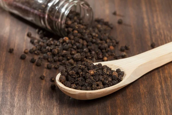 Piper Nigrum Black Peppercorns Photo Dark Wooden Background — Stock Photo, Image