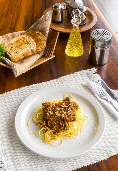 Refeições Prato Saboroso Com Espaguete Carne Bolonhesa — Fotografia de Stock