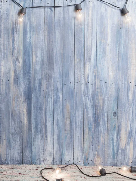 Fundo Textura Fundo Madeira Azul Texturizado Com Lâmpadas Nas Laterais — Fotografia de Stock