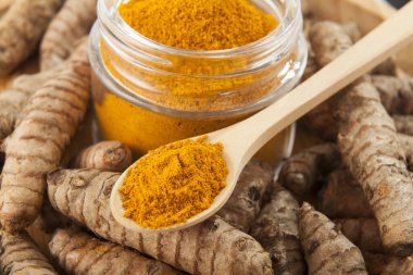 Taze organik kök ve zerdeçal tozu - Curcuma longa; Sağlıklı Gıda.