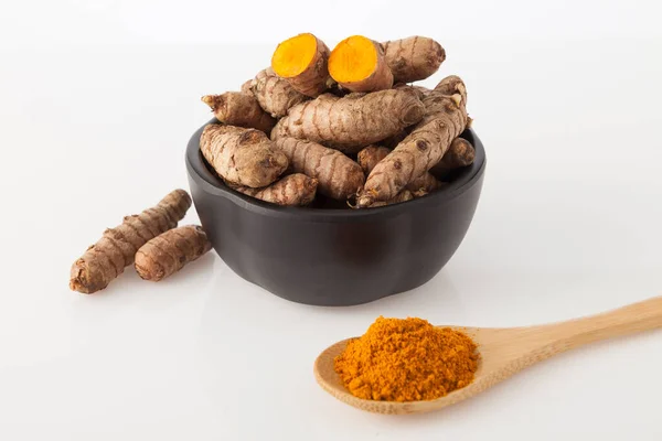 Frisches Bio Wurzel Und Kurkumapulver Curcuma Longa Gesunde Ernährung — Stockfoto