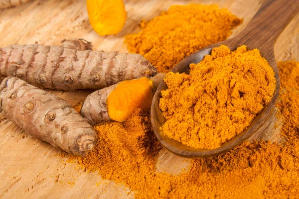 Radice Biologica Fresca Curcuma Polvere Curcuma Longa Cibo Sano — Foto Stock