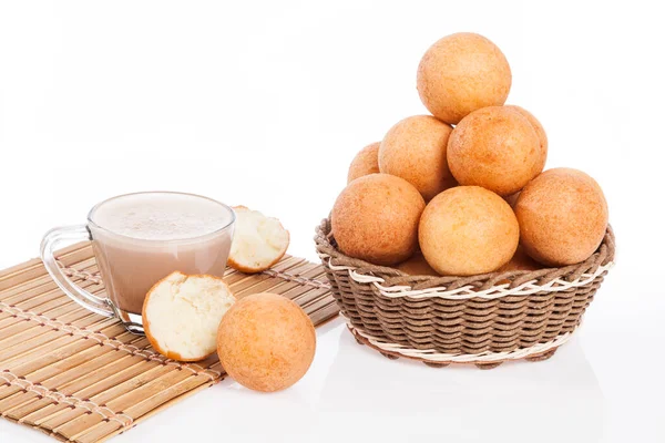Fritter traditional Colombian food; Fried Cheese Bread And Hot Chocolate Drink, Photo On White Background