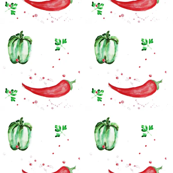 Varrat nélküli akvarell mintát, és zöld színű paprika forró hideg pirospaprika — Stock Fotó