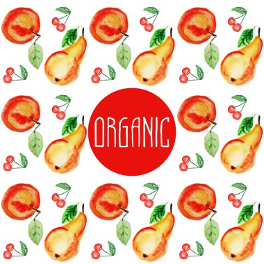 Organik işaretiyle suluboya elma ve armut,