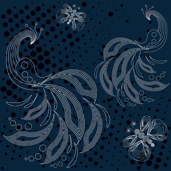 Paon blanc et motif papillons sur fond bleu marine — Image vectorielle