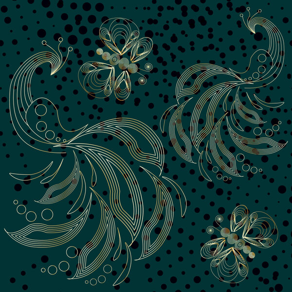 Golden peacock and butterflies pattern on turquoise background