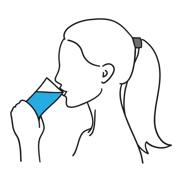 Vrouw drinkwater vectorillustratie black lin — Stockvector