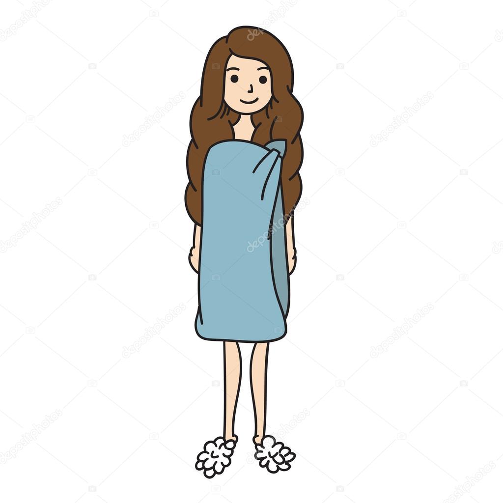 Woman in towel vector. Girl after shower hand drawn.