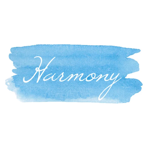 Harmony card vettoriale illustrazione disegnato a mano icona, calligrafia, tipografia, testo scritto su acquerello sfondo blu — Vettoriale Stock