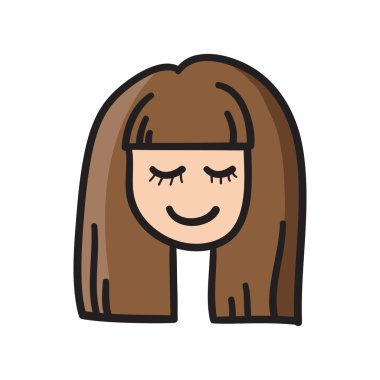 Woman face vector icon hand drawn doodle illustration black lines, nice hair girl eyes close